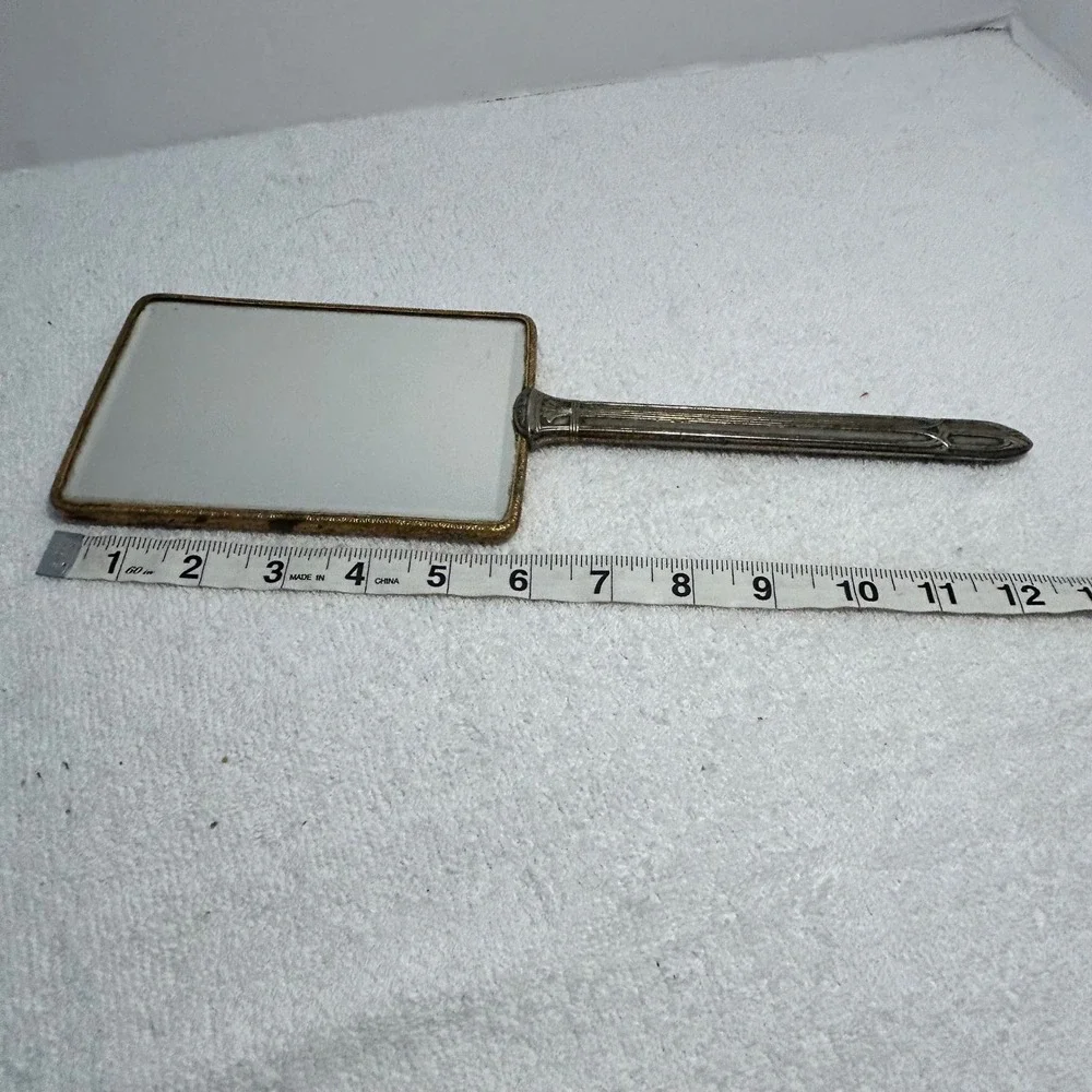 Vintage Art Deco Pink Guilloche Enamel Hand Mirror Flower‎ Basket Beveled Glass